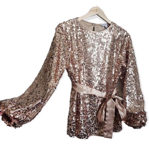 Elegant gold sequin embellished puff sleeve round neck belted top large - Picture 2 of 10